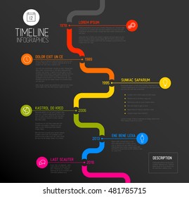 Vector Infographic timeline report template with the biggest milestones, icons, years and color buttons - dark vertical time line version