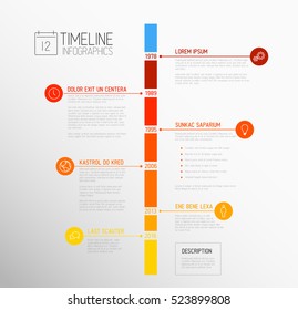 Vector Infographic Timeline Report Template With The Biggest Milestones, Icons, Years And Color Buttons - Vertical Time Line Version