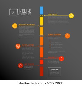 Vector Infographic Timeline Report Template With The Biggest Milestones, Icons, Years And Color Buttons - Vertical Time Line Dark Version