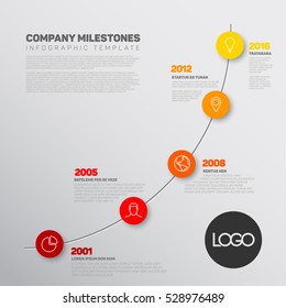 Vector Infographic timeline report template with the biggest milestones, icons, years and color buttons. Business company overview profile.
