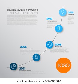 Vector Infographic timeline report template with the biggest milestones, icons, years and color buttons. Business company overview profile - blue version.