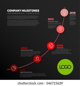 Vector Infographic timeline report template with the biggest milestones, icons, years and color buttons. Business company overview profile - red dark version.