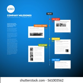 Vector Infographic timeline report template with the biggest milestones, years and description on a blue background