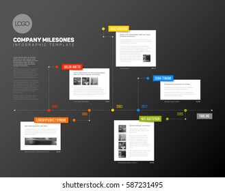 Vector Infographic timeline report template with the biggest milestones, years and description - dark version