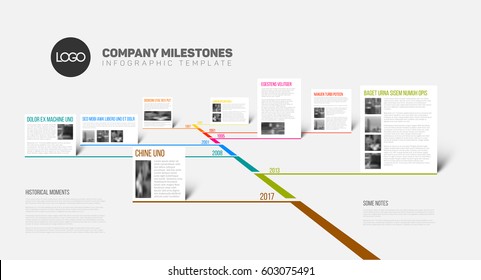 Vector Infographic timeline report template with the biggest milestones, icons, years and color buttons - 3D flat version 