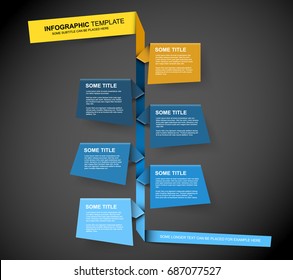 Vector Infographic timeline report template made from small blue and yellow papers, dark version