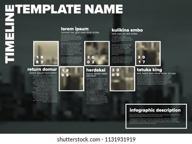 Vector Infographic timeline template with the biggest milestones, photos, years and description on blurred city background