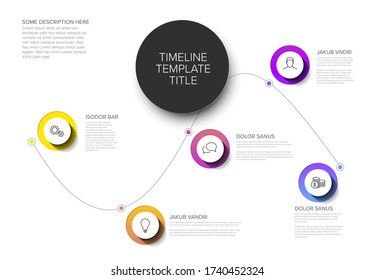 Plantilla de escala de tiempo de la infografía vectorial con línea curva, botones de círculo con sombra y varias descripciones - versión de color claro