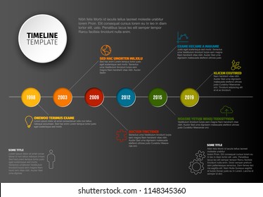 Plantilla de escala de tiempo de la infografía vectorial con línea horizontal y varias descripciones - versión oscura