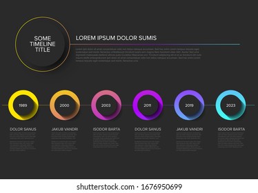 Vector Infographic timeline template with horizontal line, circle buttons with shadow and various descriptions - dark background