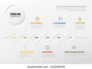 Plantilla de línea de tiempo de la infografía vectorial con línea horizontal hecha de flechas y círculos de relieve con años de hitos, iconos y varias descripciones