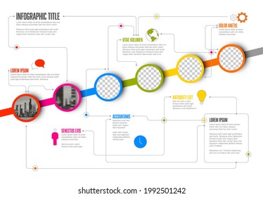 Vector Infographic timeline template made from circle photo placeholders with text content - light version with simple color line. Time line infochart with pictures in circle windows.