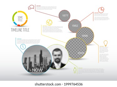 Vector Infographic timeline template made from circle photo placeholders with text content - light version with simple color line. Time line infochart with pictures in circle windows.