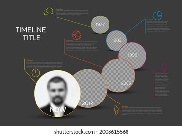 Vector Infographic timeline template made from circle photo placeholders with text content - dark version with simple color line. Time line infochart with pictures in circle windows.