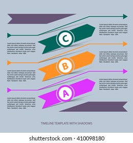 Vector infographic timeline template. Three arrows with shadows. 