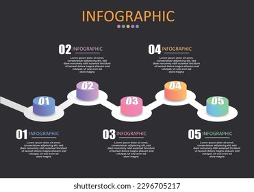 Vector infographic timeline or workflow plan, 5 steps circular embossed buttons with connected lines laying on black gray background for presentation of education,finance,business, idea and work plan.