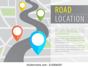 Vector Infographic with a tortuous road from a Perspective city map with markers,pin in a map