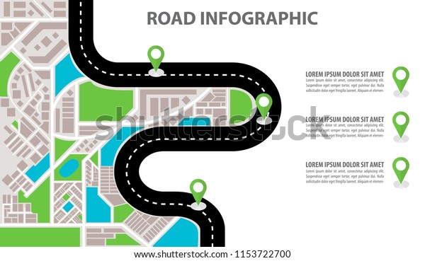 Vector Infographic with a tortuous\
road from a Perspective city map with markers, pin in a\
map