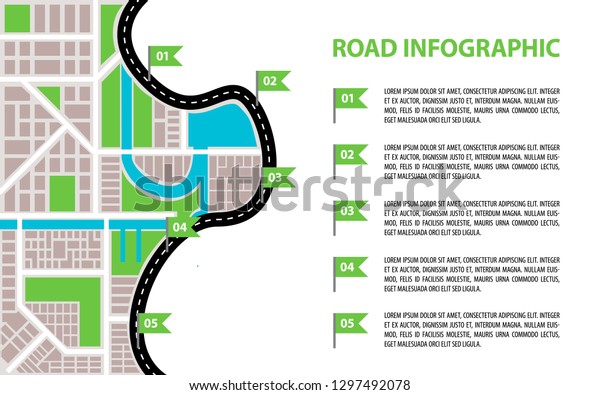 Vector Infographic with a tortuous\
road from a Perspective city map with markers, pin in a\
map