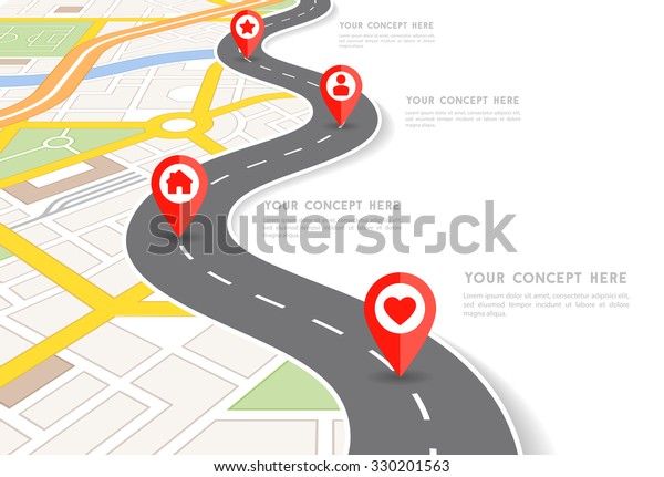 Vector Infographic with a tortuous road separating\
blank space from a perspective city map with red markers and\
rounded icons.