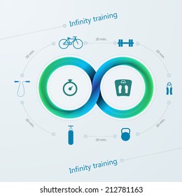 Vector infographic for training with Mobius stripe. Blue infinity sign with silhouette sport signs around. Vector infographic with Mobius ribbon and training time.