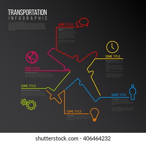 Vector Infografic transport report Template made from lines and icons with airplane - dark version