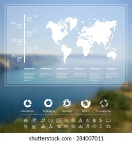 Vector infographic travel on blurred unfocused background. World map with web elements. Design vector template. Adventure in the world
