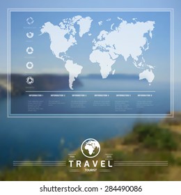 Vector infographic travel on blurred unfocused background. World map with web elements. Design vector template. Adventure in the world