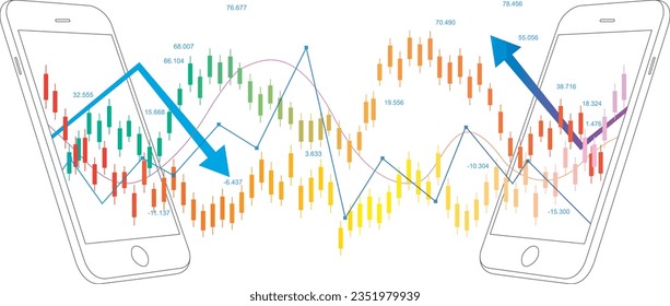 Vector infographic with two smartphones, which displays charts, stock candles, profitability and numbers. Bright, creative banking investment 