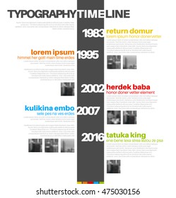 Vector Infographic typographic timeline report template with the biggest milestones, photos, years and description - color version