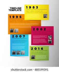 Vector Infographic typographic timeline report template with the biggest milestones, photos, years and description on color papers