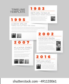 Plantilla de informe de escala de tiempo tipográfica vectorial Infográfica con los mayores hitos, fotos, años y descripción