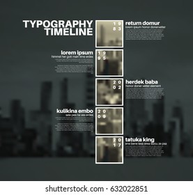Vector Infographic typographic timeline report template with the biggest milestones, photos, years and description on blurred city background