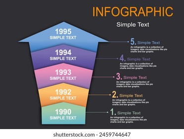La infografía de Vector es flechas de Vertical con escalones en capas, línea de tiempo con divisiones de color claras sobre un fondo gris negro de estilo moderno para presentaciones en administración, educación, finanzas y planificación.