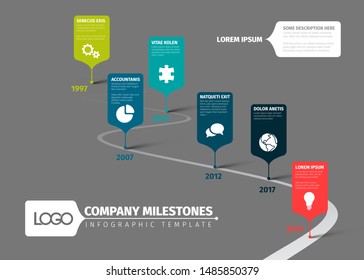 Vector Infographic vertical curved timeline report template with icons and descriptions - dark version