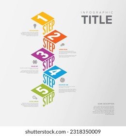 Vector Infografía vertical de pasos plantilla para flujo de trabajo, esquema de negocio o diagrama de procedimientos - versión ligera con iconos y textos isométricos. Pasos de progreso con descripciones de títulos e iconos