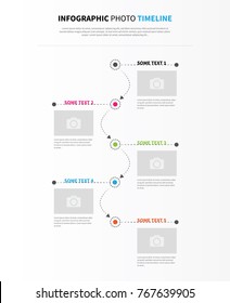 Vector infographic vertical timeline with dashed arrows and place for photo
