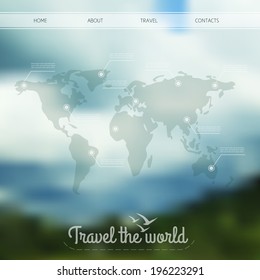 Vector infographic web design on blurred unfocused background. World map with web elements. Travel the world. Web site menu.
