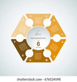 Vector infographic web element of brown hexagon and white round cut from paper shapes with text and icons on the gradient gray background.