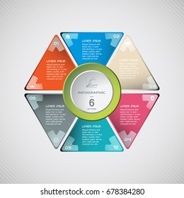 Vector infographic web element of triangular and round forms cut from paper with text and icons on the gradient gray background.