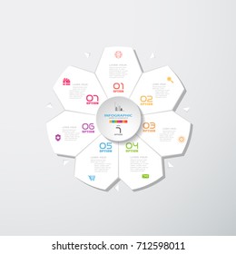Vector infographic of white seven ray star with white round form cut from paper with shadow, text and color icons on the gradient gray background.