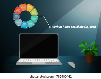 Vector Info-graphic of work space with laptop computer and small tree on the table. Work at home social media jobs or freelance concept. free space for add your text.