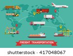 Vector infographic of worldwide shipping, heavy transport, delivery ways and logistics in business and industry with warehouse, trucks, airplane, railway and seaway cargo ship with abstract world map