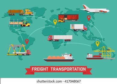 Vector infographic of worldwide shipping, heavy transport, delivery ways and logistics in business and industry with warehouse, trucks, airplane, railway and seaway cargo ship with abstract world map