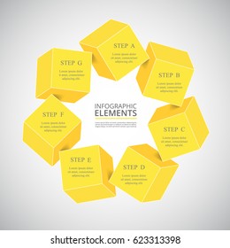 Vector infographic. Yellow template for diagram, graph, presentation and chart. Business concept with 7 options, parts, steps or processes.