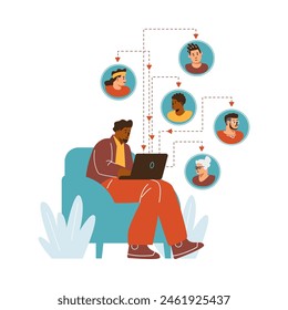 A vector infographic with a young male marketer sitting at a laptop and looking for a target audience of different ages, isolated on a white background