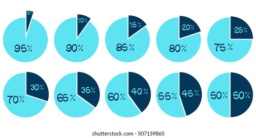Vector Infographics. 5 10 15 20 25 30 35 40 45 50 55 60 65 70 75 80 85 90 95 percent blue pie charts isolated on white background