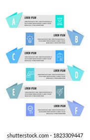 Infografía vectorial con 6 pasos, etiquetas. Se utiliza para diagrama, negocio, web, banner, diseño de flujo de trabajo, presentaciones, diagrama de flujo, gráfico de información, línea de tiempo, contenido, diagrama de procesos. Visualización de datos.