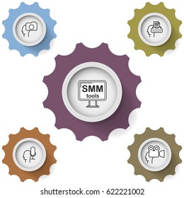 Vector infographics about Social Media Marketing. Content icons on gear whale with shadow.