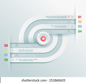 Vector infographics abstract element with gear and business icons. Elements communicate with one another. Clean, minimalist design. For informational graphs, reports, registration data, websites